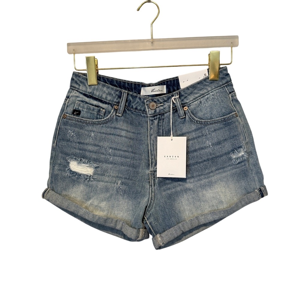 KanCan Womens High Rise Distressed Cuffed Denim Shorts Light Wash Blue Size S‎